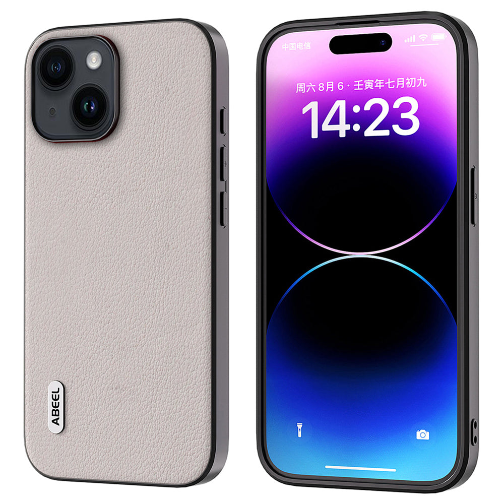 Pouzdro na mobilní telefon ABEEL pro iPhone 15 Plus s texturou z pravé hovězí kůže potažené PC TPU zadním krytem Pouzdro na mobilní telefon ABEEL pro iPhone 15 Plus s texturou z pravé hovězí kůže potažené PC TPU zadním krytem